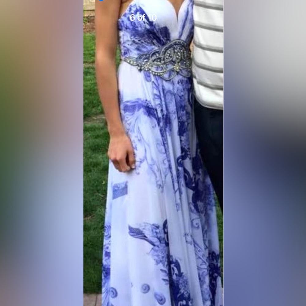 Beautiful blue and white beaded floor length prom or wedding guest dress.